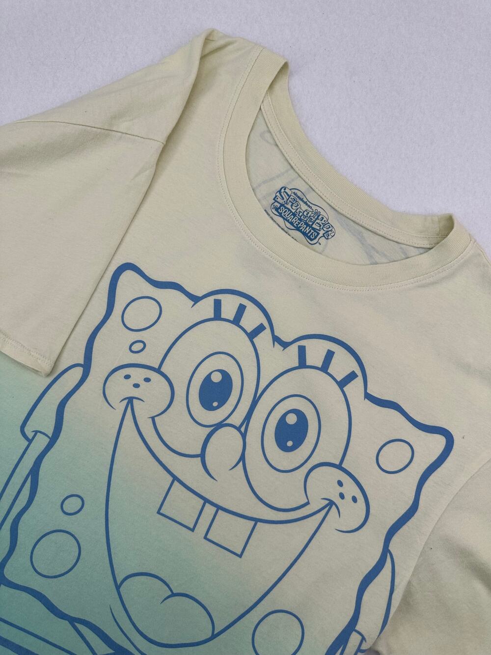 Nickelodeon Sponge Bob Square Pants Yellow Teal Ombre Crop T Shirt XL